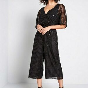 MODCLOTH TWINKLE LIKE STARLIGHT BLACK SEQUIN WIDE LEG JUMPSUIT size small